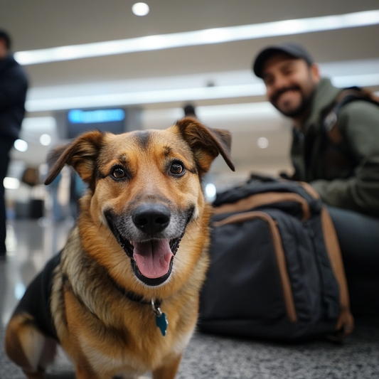 Mascota con su dueño preparándose para viajar en avión